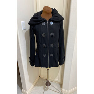 Jolt Big Hood Women Coat Jacket Black Size Medium Oversize Button Hood Wool-like